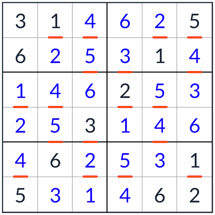 Anti-King-aufeinanderfolgende Sudoku 6x6-Lösung