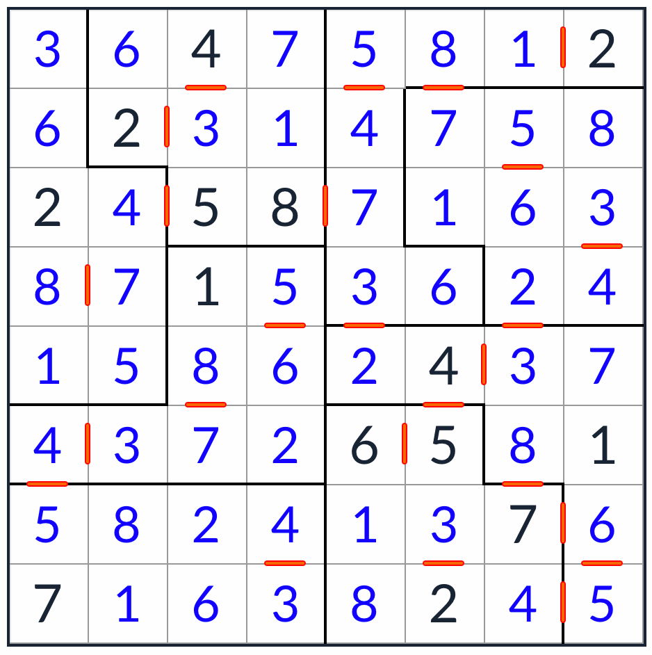 unregelmäßige aufeinanderfolgende Sudoku 8x8 -Lösung