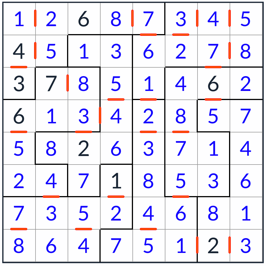 Anti-King-unregelmäßige aufeinanderfolgende Sudoku 8x8-Lösung