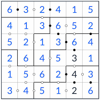 unregelmäßige kropki sudoku 6x6 Lösung