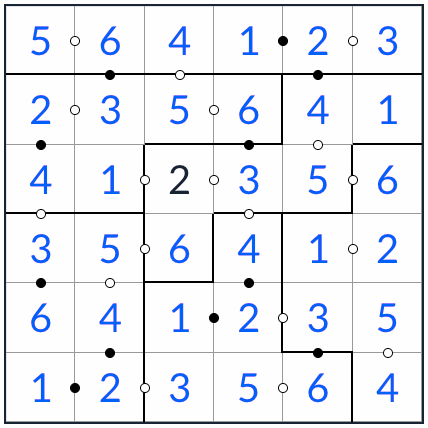 Anti-King-unregelmäßige Kropki Sudoku 6x6-Lösung