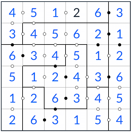 Anti-Knight Irregular Kropki Sudoku 6x6 Lösung