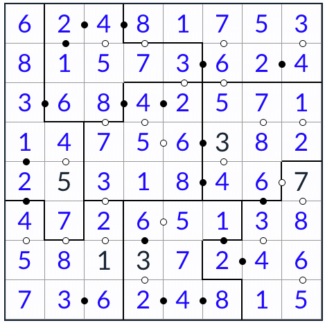 Anti-King-unregelmäßige Kropki Sudoku 8x8 Lösung