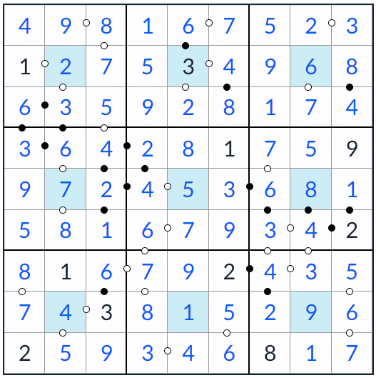 Anti-Knight-Center Kropki Sudoku-Lösung