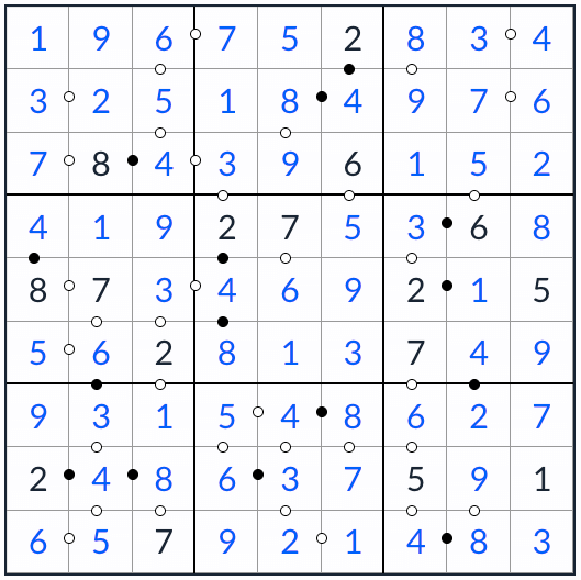 Anti-King-Kropki-Sudoku-Lösung