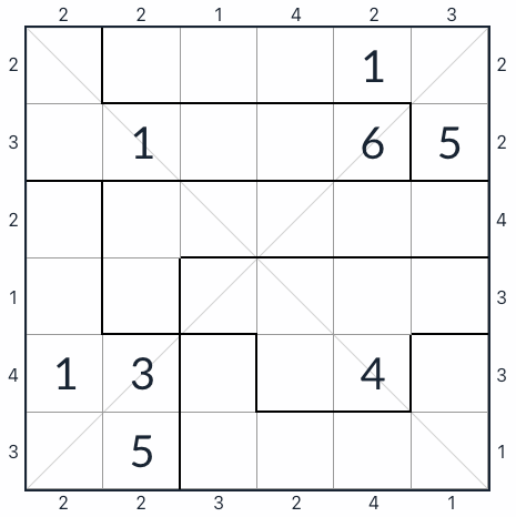 Unregelmäßiger diagonaler Wolkenkratzer Sudoku 6x6