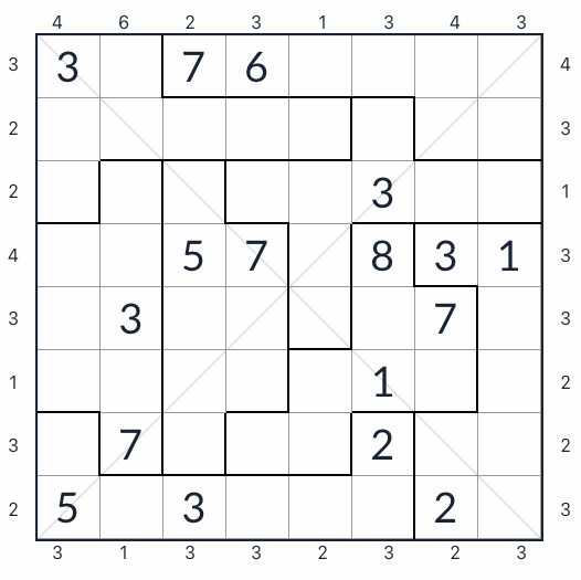 Unregelmäßiger diagonaler Wolkenkratzer Sudoku 8x8