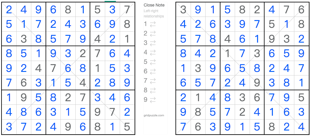 Twin entsprechende diagonale Anti-King-Sudoku-Lösung